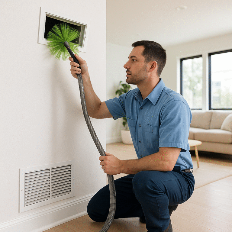 HVAC technician cleaning air duct in modern Roswell home