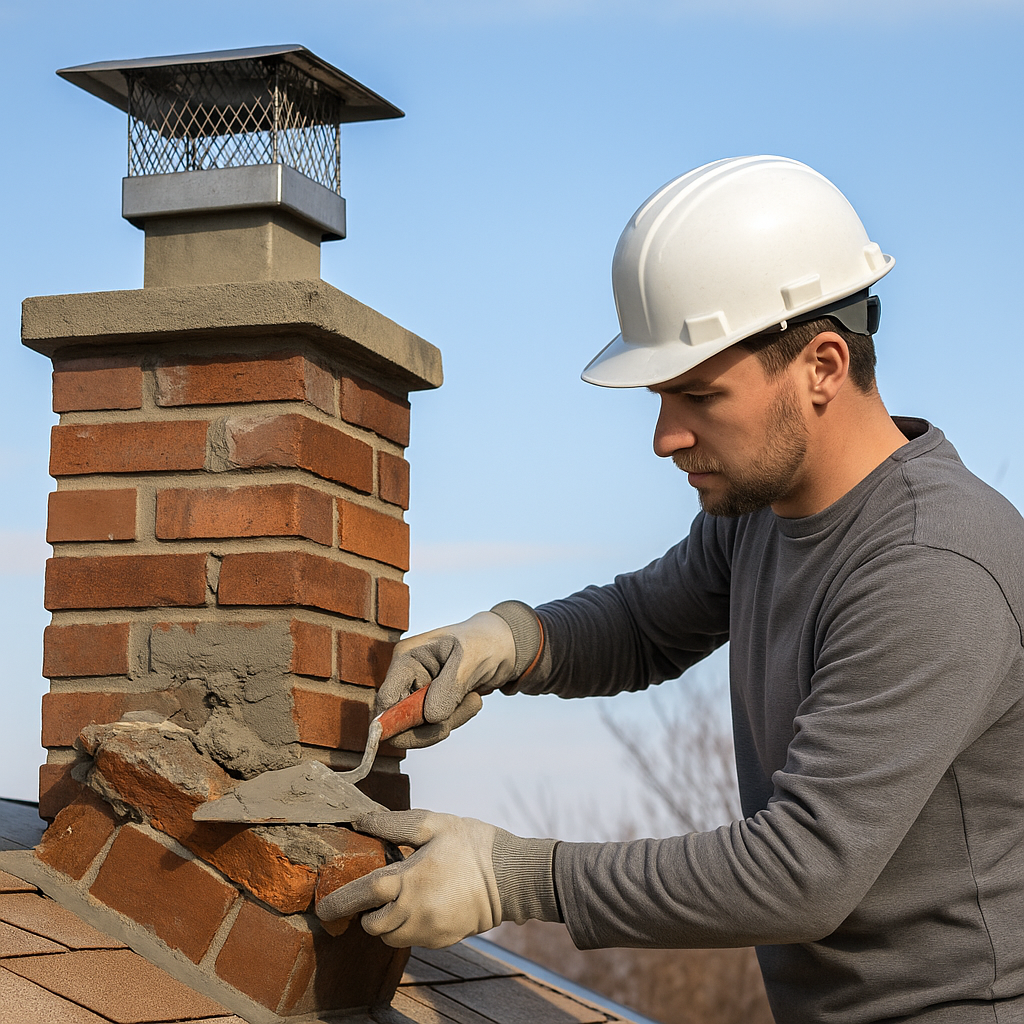 Technician applying mortar to brick chimney crown – professional fireplace repair service in Roswellapplying mortar to a brick chimney crown – professional fireplace repair service in Roswell