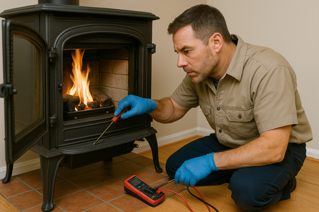 Technician performing maintenance on a wood-burning stove with tools and a multimeter – realistic Wood Stove Repair scene.