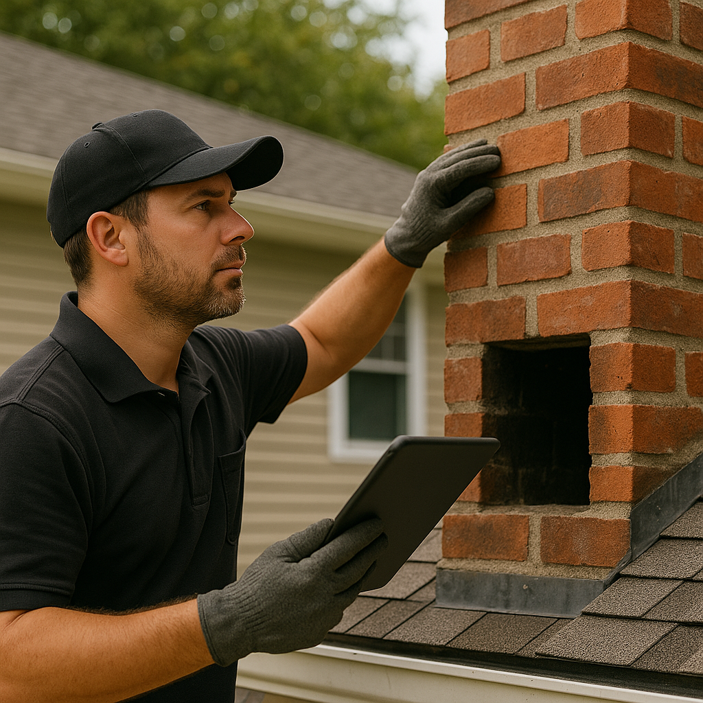 Chimney technician inspecting a red brick chimney with a tablet – realistic Chimney Inspection scene.