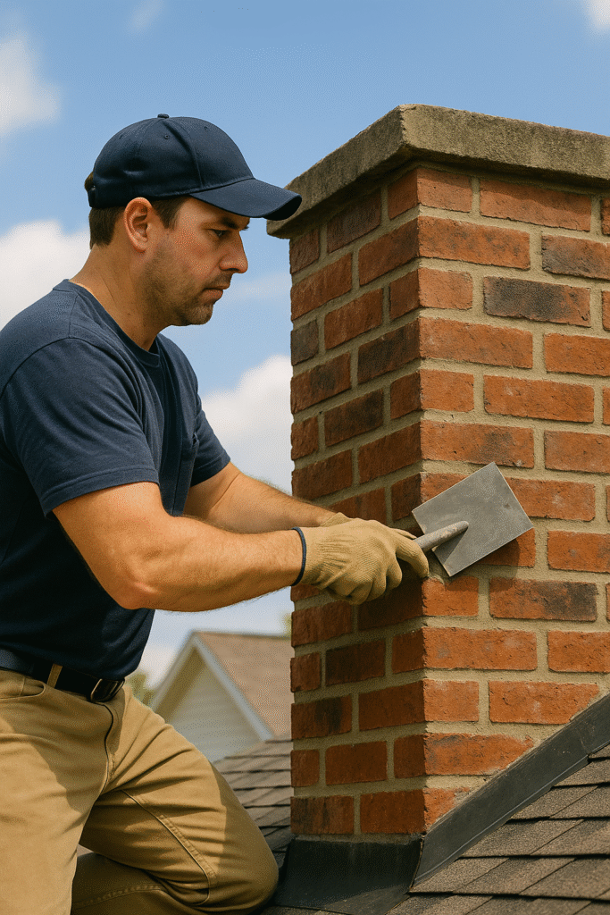 Construction worker performing chimney repair with a trowel on a red brick chimney – realistic Chimney Repair service.