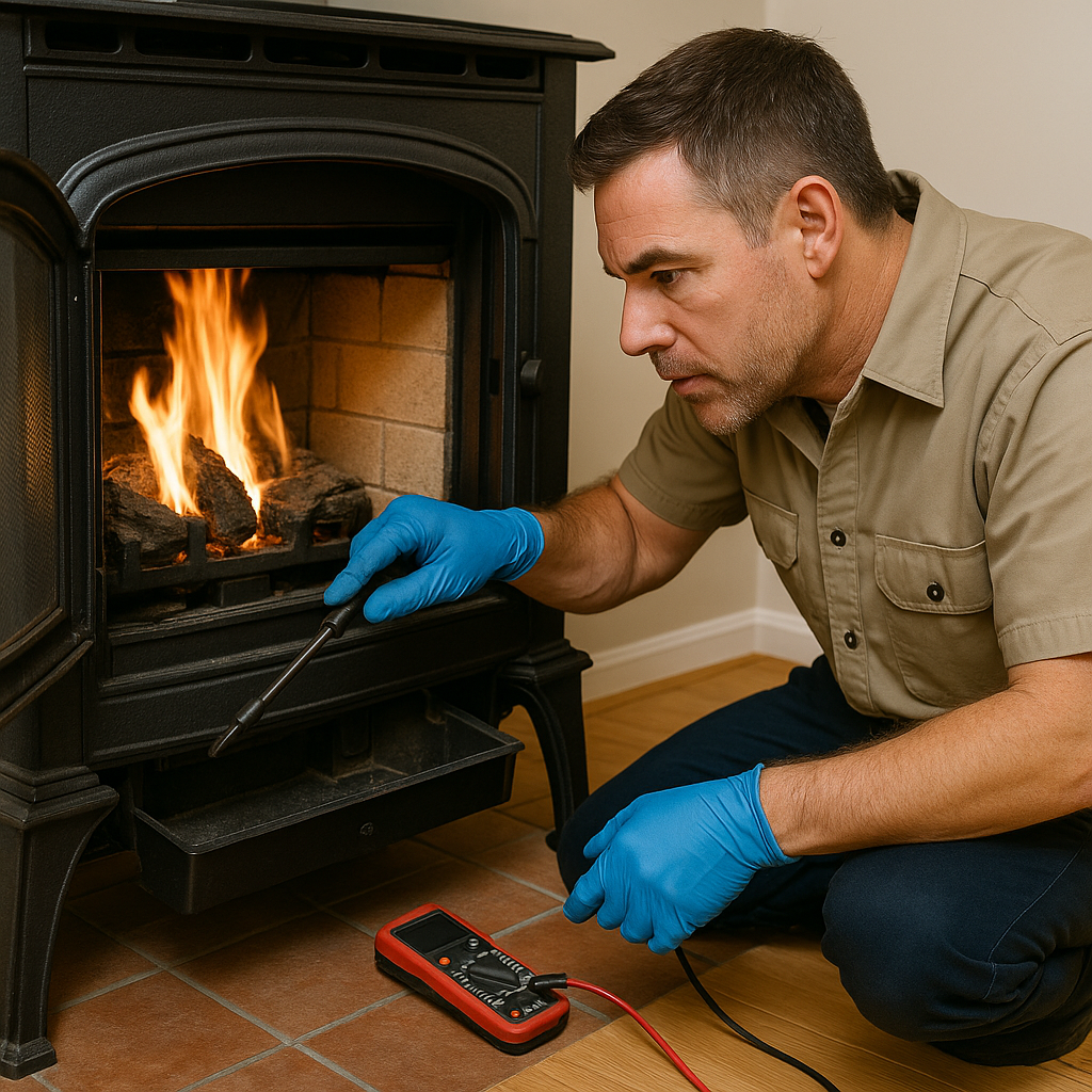 Technician repairing a pellet stove using tools and a multimeter – realistic Pellet Stove Repair scene.