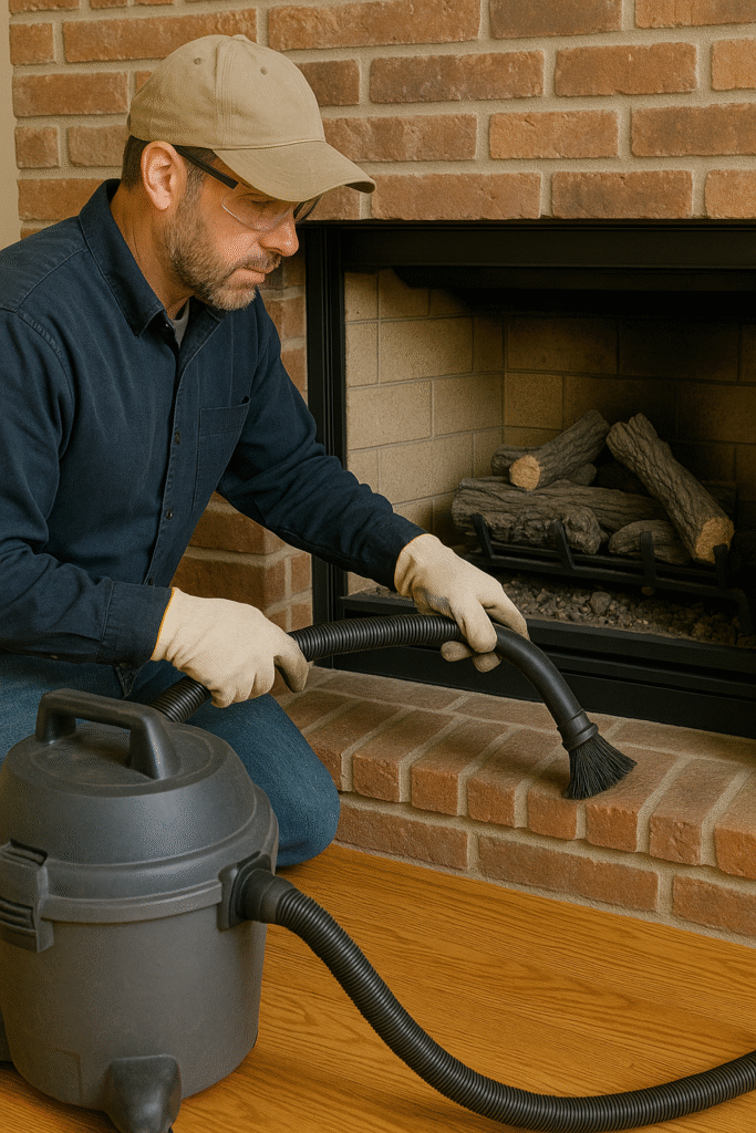 Technician cleaning a gas fireplace with a vacuum near artificial logs – realistic Gas Fireplace Cleaning service scene.